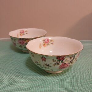 Two Vintage Gracie China Rose/Chintz over Mint Background Gold Trim Bowls